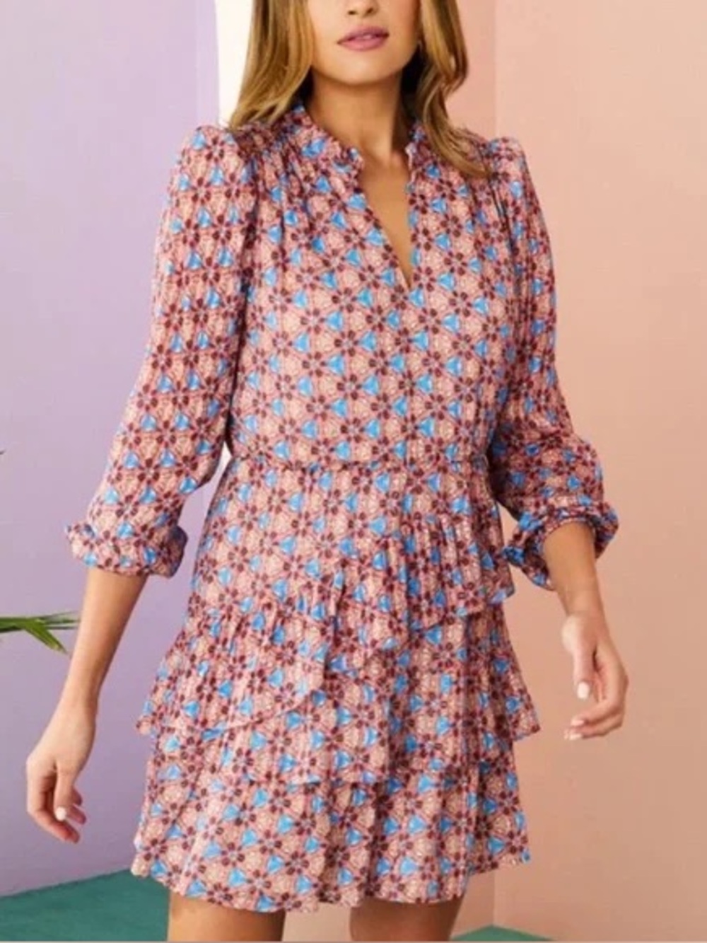 Marie Oliver Alana Printed Long Sleeve Silk Mini Dress - Size Small